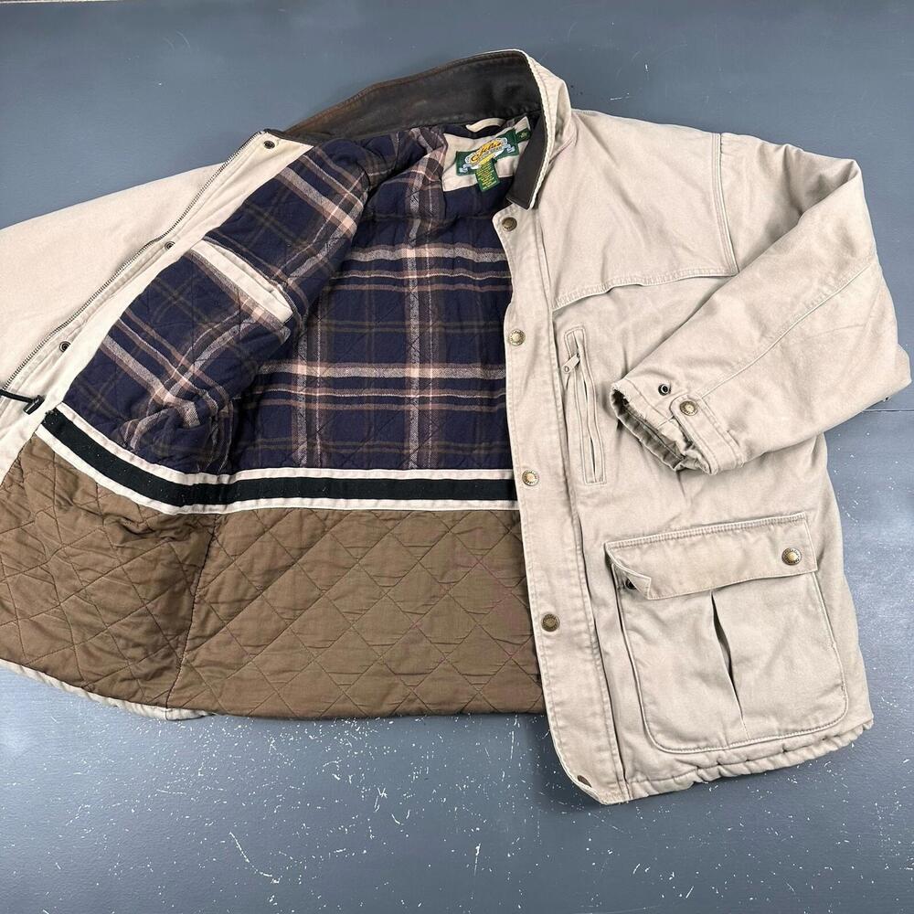 VTG Cabelas Jacket Men XL Beige Duck Canvas Plaid Flannel Quilt Lined Chore Barn